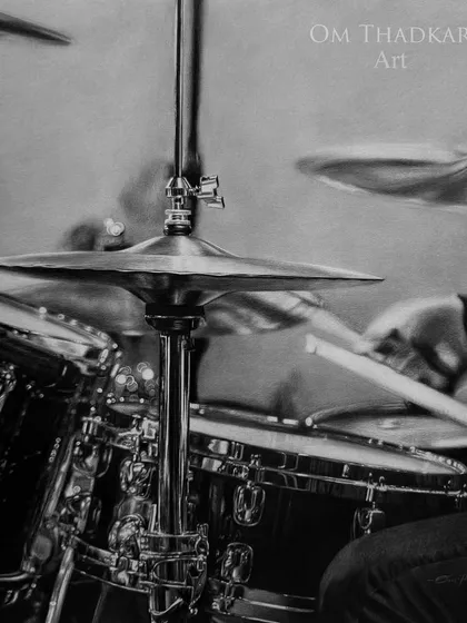 'Drumbeats' is a dynamic piece that aims to capture the energy of a drummer in action. I focused on the metallic shine of the cymbals and the sense of motion from the drumstick to convey rhythm and sound.