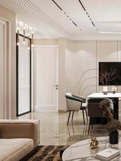 A perspective shot showing the relationship between the seating area and the dining table, emphasizing the open-concept layout.