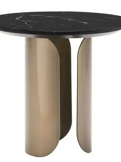 The Vida side table exudes a harmonious design with its depth of materiality and technological precision. Its sculptural silhouette, featuring curved metal supports and a black marble top, stands out as a modern showpiece.