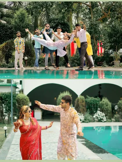 A collage of fun moments from a poolside Haldi party, including the groom being lifted by his friends and the couple dancing together. These shots are all about capturing the celebration.