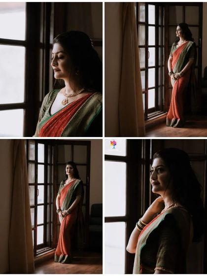 A collage of beautiful window-lit portraits. The bride's contemplative poses and the soft natural light create a series of artistic and emotive images.