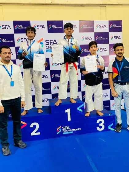 A clean sweep at the SFA Championship. My students Harsh, Shivam, and Shiddharth took gold, silver, and bronze in the U-13, 42kg category.