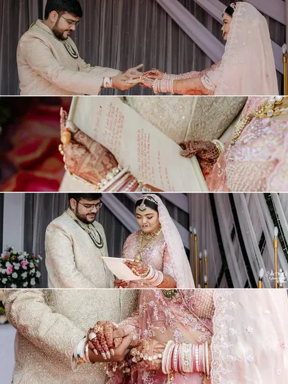 Vidhi and Harsh exchanging vows and holding hands, these images focus on the intimate rituals and promises that are central to the wedding ceremony.