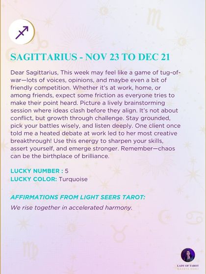 This weekly forecast for Sagittarius discusses navigating a lively but challenging environment. It's a message about practicing patience and finding growth through healthy competition.