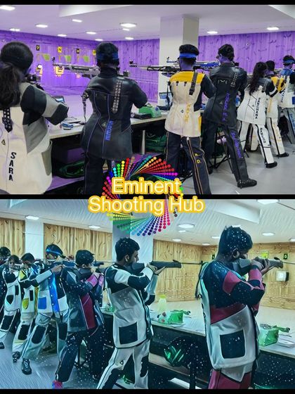 This collage presents two different perspectives of my shooting range. It highlights the well-lit, professional-grade lanes where my rifle and pistol teams prepare for competitions.