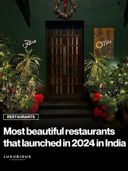 Otra restaurant featured as one of the most beautiful new restaurants in India. This shot of the entrance, decorated for the holidays, highlights how the space has become a celebrated destination in the city.