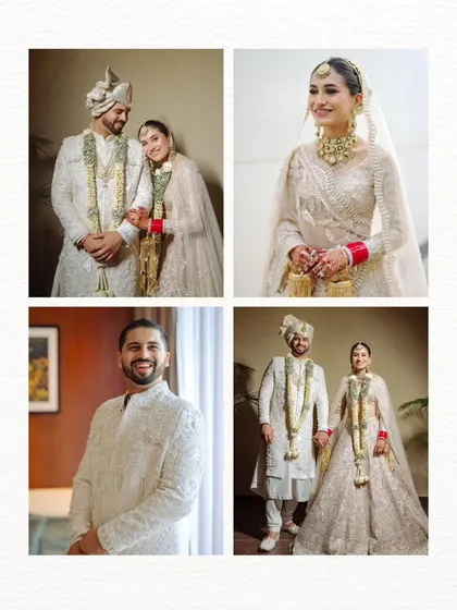 A collection of stunning portraits of the bride and groom on their wedding day, showcasing their beautiful attire and the love they share.