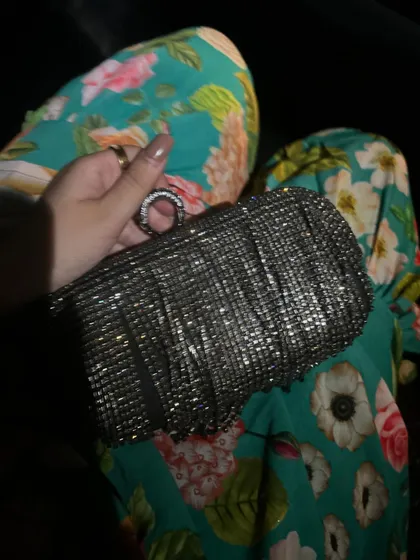 A close-up of my shimmery clutch, a perfect accessory for Diwali.