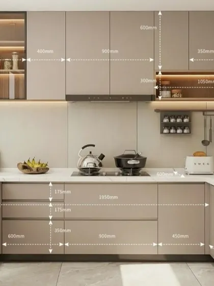 A technical layout of a modern kitchen, showing precise measurements for cabinetry, countertops, and appliance placement. This demonstrates our meticulous planning process to ensure optimal ergonomics and functionality.