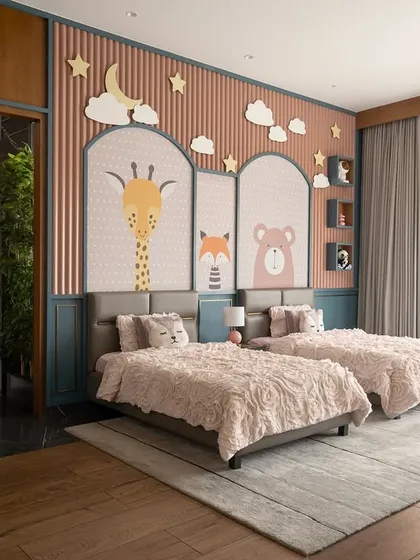 Another angle of the children's bedroom, showing the relationship between the sleeping area and the adjoining space. The design combines playful themes with sophisticated materials like wood panelling.