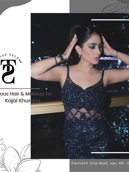 A graphic showcasing the glamorous hair and makeup I did for Kajal Khurana. This look is all about drama and sophistication.