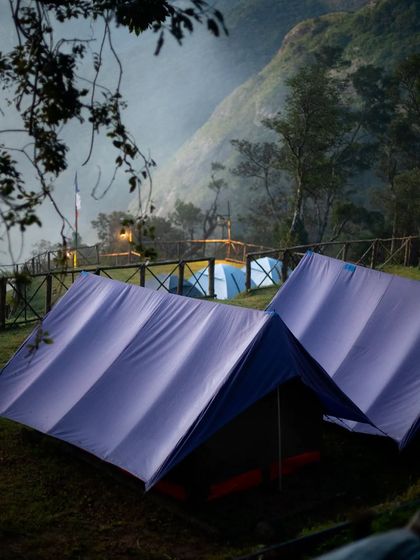 Tents pitched at my Munnar campsite with a misty mountain backdrop, offering a true "into the wild" feeling.