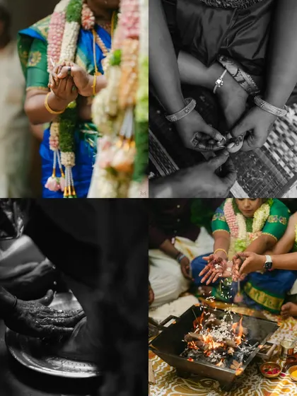 A collection of images showing the intricate and meaningful rituals of a South Indian Hindu wedding. From washing feet to the sacred fire, each photo documents a step in their spiritual journey together.