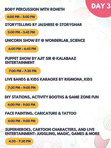 The Day 3 schedule for the Candylicious Carnival, with body percussion, more storytelling, and kids' karaoke. The fun never stops at the events I find for you.