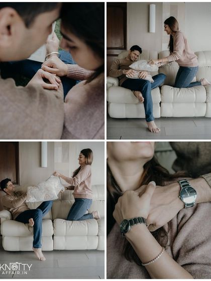 A playful pillow fight on the couch. This series of shots is all about fun, energy, and capturing the couple's joyful dynamic.
