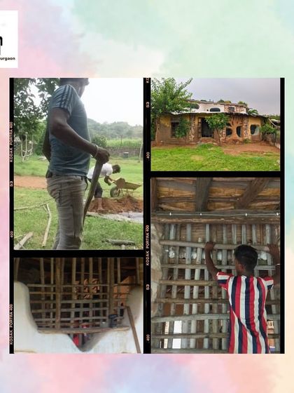 The process of building a mud wall using the Wattle and Daub technique, a sustainable and ancient construction method we teach in our workshops.