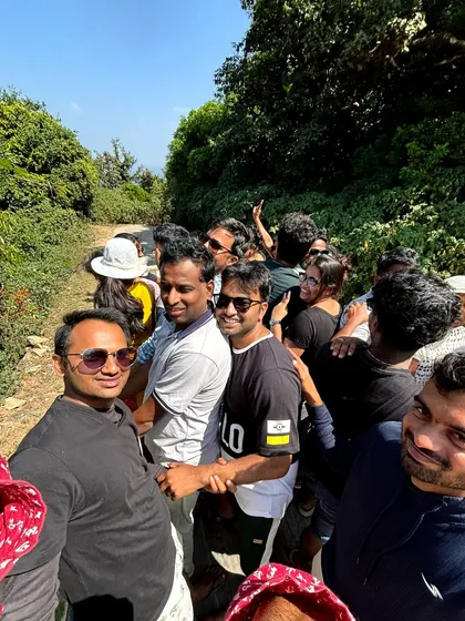 A fun, crowded moment with our group on a jeep trail during the coastal trip.