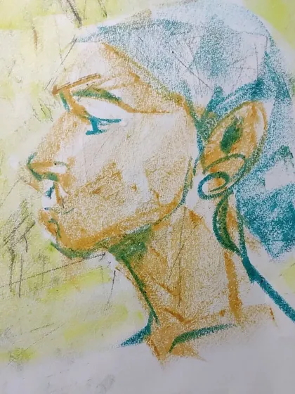 A quick, expressive portrait sketch using soft pastels. This exercise focuses on capturing the essence of the subject with minimal lines and bold colors.