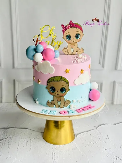 He or She, what will the baby be? A sweet surprise wrapped in pastel dreams, this gender reveal cake features cute baby illustrations and an 'Oh Baby' topper.