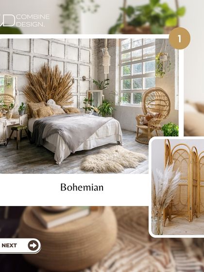 A graphic showcasing the "Bohemian" design style, with its free-spirited mix of natural textures, plants, and layered textiles.