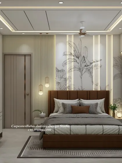 This bedroom features a beautiful hand-painted mural of palm leaves behind the bed, bringing a touch of tropical serenity to the space. The warm wood tones of the bed and side tables complete the look.