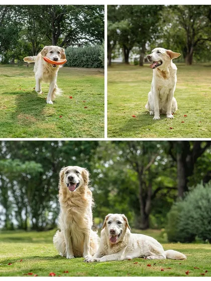 A collage from Ice and Gundu's session. It shows the contrast between the calm, senior mother Ice and her playful, frisbee-loving son Gundu.