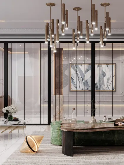 A detail shot of the neo-classical living area, showing the fluted glass partition that separates the space while maintaining an open feel. The design combines a modern art piece with a live-edge marble coffee table, showcasing our ability to blend different textures and styles.