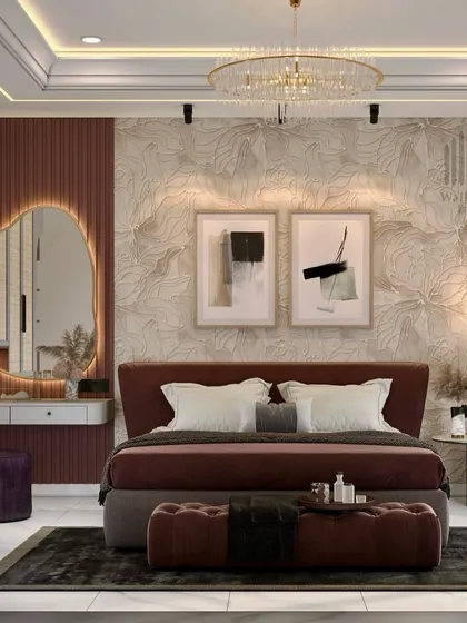 Your bedroom should be a personal sanctuary of serenity and style. We designed this master suite with a rich, royal color palette, a statement headboard, and custom wallpaper to create an atmosphere of pure opulence. Notice the layered lighting and textures that add depth and comfort.