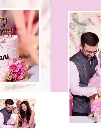 This layout focuses on the birthday cake and the cake cutting ceremony, two essential memories from any first birthday celebration.