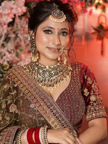 A complete set of images showcasing a bride in a heavy, multi-toned velvet lehenga. The series provides a full 360-degree view, perfect for client consultations.