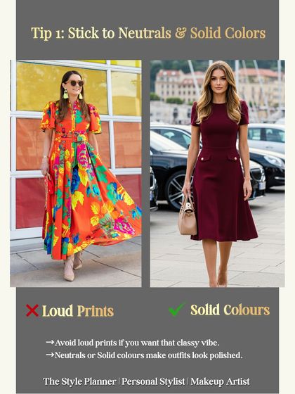 Tip 1: Stick to neutrals and solid colors. Avoid loud prints if you want a classy, polished vibe. Solid colors always make an outfit look more refined and expensive.