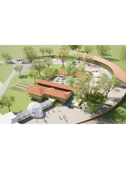 An aerial view of the master plan for the palace complex. A new, curved structure embraces the existing heritage buildings and trees, creating a series of courtyards and public spaces that connect the old with the new.