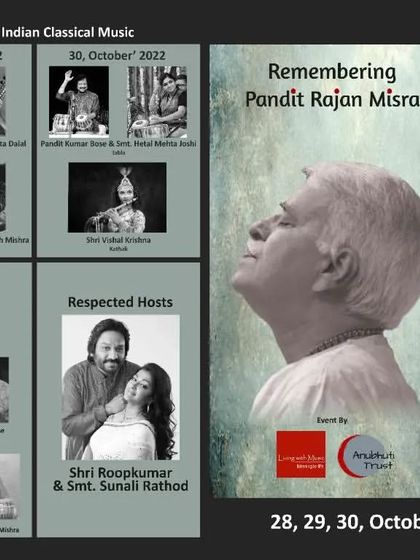 The poster for a 3-day festival in Bhavnagar, Gujarat, held in remembrance of the legendary vocalist, Pandit Rajan Mishra ji.