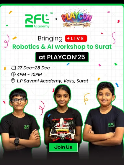 Surat parents, get ready for our live Robotics & AI workshop at PlayCon'25. This is a great opportunity for your child to explore, build, and learn in a fun environment.