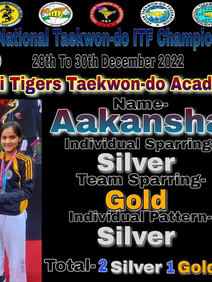 Aakansha's national results, earning a Gold in Team Sparring and two Silvers in Individual Sparring and Individual Pattern. Her performance shows great skill across multiple disciplines.