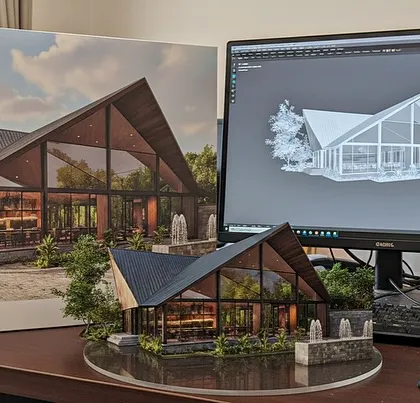 This is how we turn dreams into reality. This image shows our process, from a 3D architectural render on screen to a physical scale model, demonstrating our commitment to precision and visualization before we even break ground.