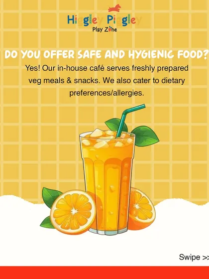 Do we offer safe and hygienic food? Yes! This FAQ graphic explains that our in-house café serves freshly prepared vegetarian meals and we cater to dietary needs.
