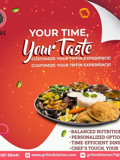 Your time, your taste. This image highlights the personalized options available, with a thali full of diverse dishes that can be tailored to your preference.