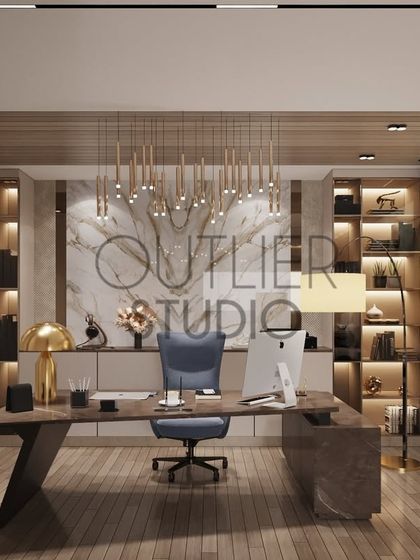 Your dream master suite awaits. This view shows the private study area, featuring a breathtaking book-matched stone wall, a modern desk, and ample shelving, creating a space that’s both inspiring and functional.