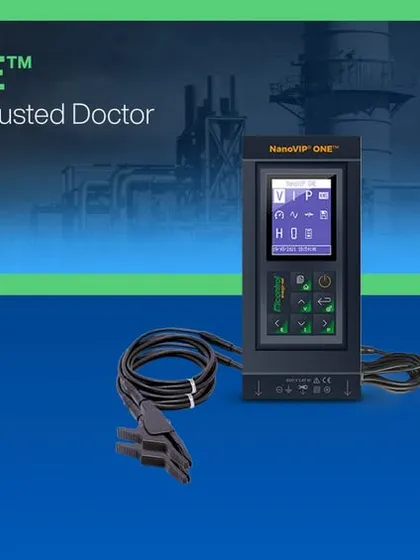 This promotional banner for Middle East Energy Dubai showcases the NanoVIP ONE as a diagnostic tool for energy managers. It helps detect issues early, pinpoint causes, and resolve them quickly to protect critical systems.