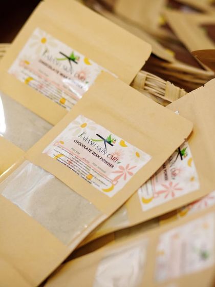 A fresh stock of my Chocolate Wax Powder, ready for an offline stall. It's always a bestseller because it's so effective and easy to use.