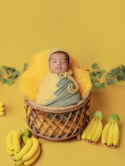 Our fun and fruity 'Go Bananas' theme, with a baby in a basket surrounded by bright yellow bananas. This playful theme is sure to bring a smile to your face.