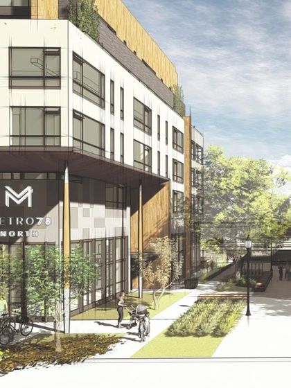 A rendering of the Metro 78 North building, this view highlights the project's integration with the public realm. The design includes a new public plaza and enhanced pedestrian connections, contributing to a more walkable and accessible neighborhood.