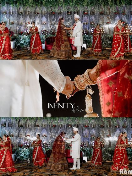 A collage titled "Infinity of Love," showcasing the Varmala ceremony. The images capture the couple exchanging garlands, holding hands, and the beautiful decor with birdcages, symbolizing their eternal bond.
