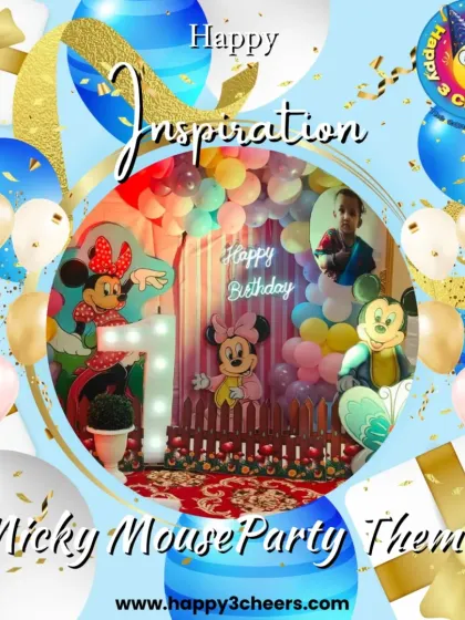 This graphic shows a Mickey and Minnie Mouse themed 7th birthday. The decor includes character cutouts, a large light-up number, and a colorful balloon backdrop, demonstrating a fun and classic party setup.