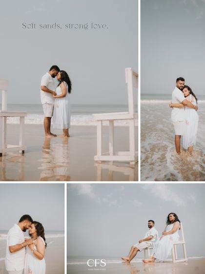 A collage of moments from a beach shoot, showing the couple sharing quiet time, walking by the waves, and enjoying the seaside ambiance.