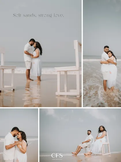 A collage of moments from a beach shoot, showing the couple sharing quiet time, walking by the waves, and enjoying the seaside ambiance.