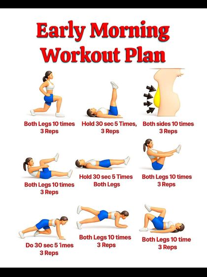 An early morning workout plan designed to target belly fat with a variety of crunches, leg raises, and holds.