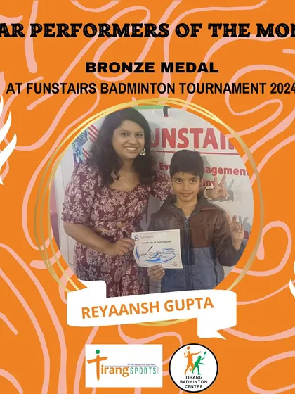 Celebrating our star performer, Reyaansh Gupta, who won a bronze medal at the Funstairs Badminton Tournament. His hard work in training is clearly paying off.
