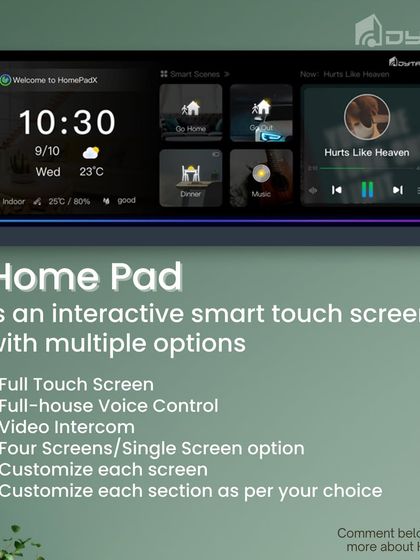 A detailed look at the HomePad's interactive touch screen, listing its features like full-house voice control, video intercom, and customizable screens.
